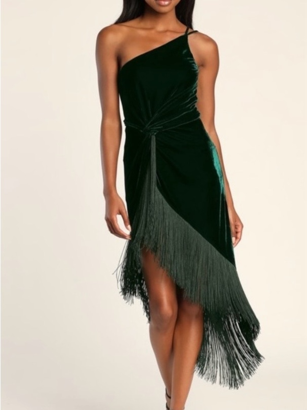 Lulu's One-Shoulder Dark Emerald Velvet Fringe Dress